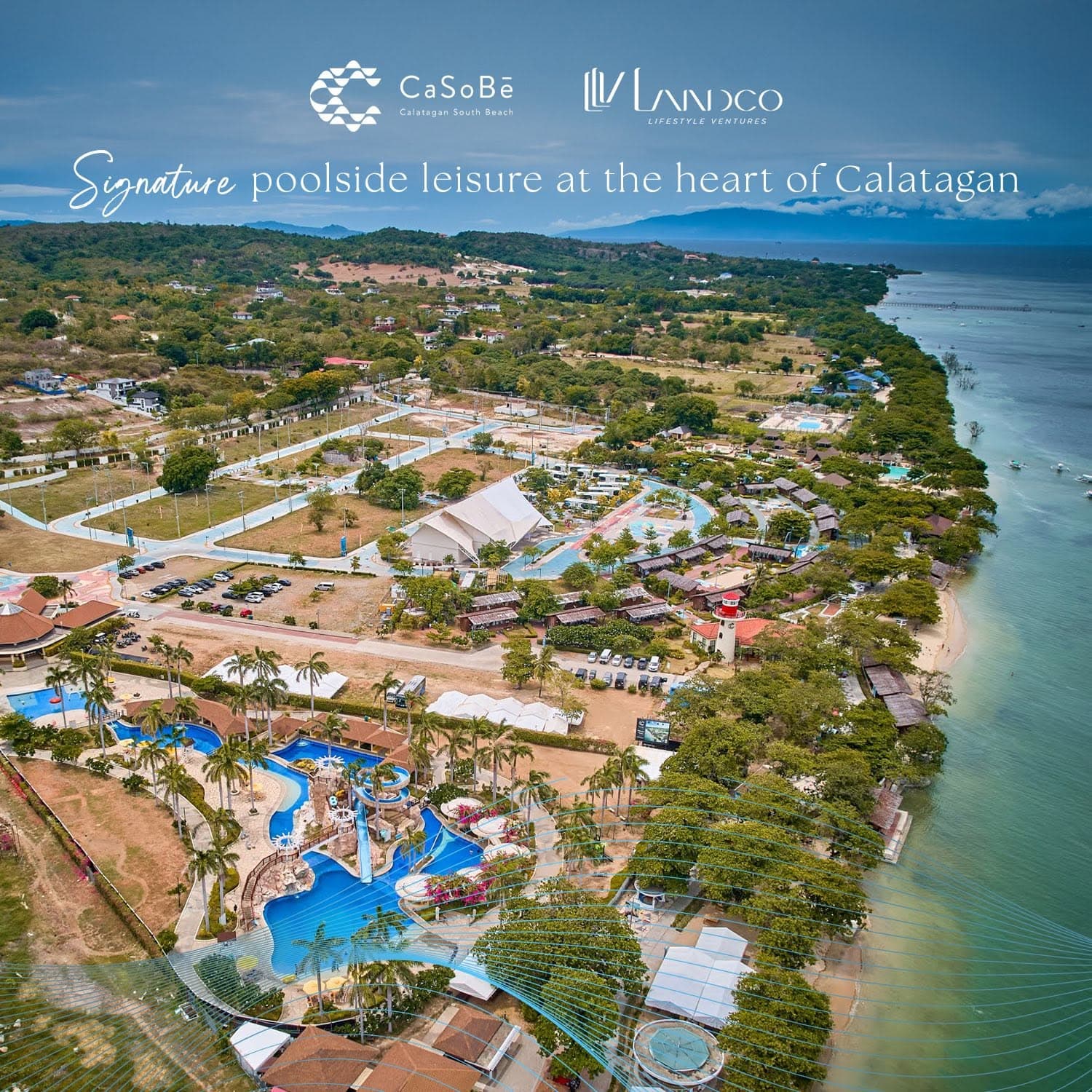 Aerial view of CaSoBe along the Calatagan coastline with the lighthouse and pools