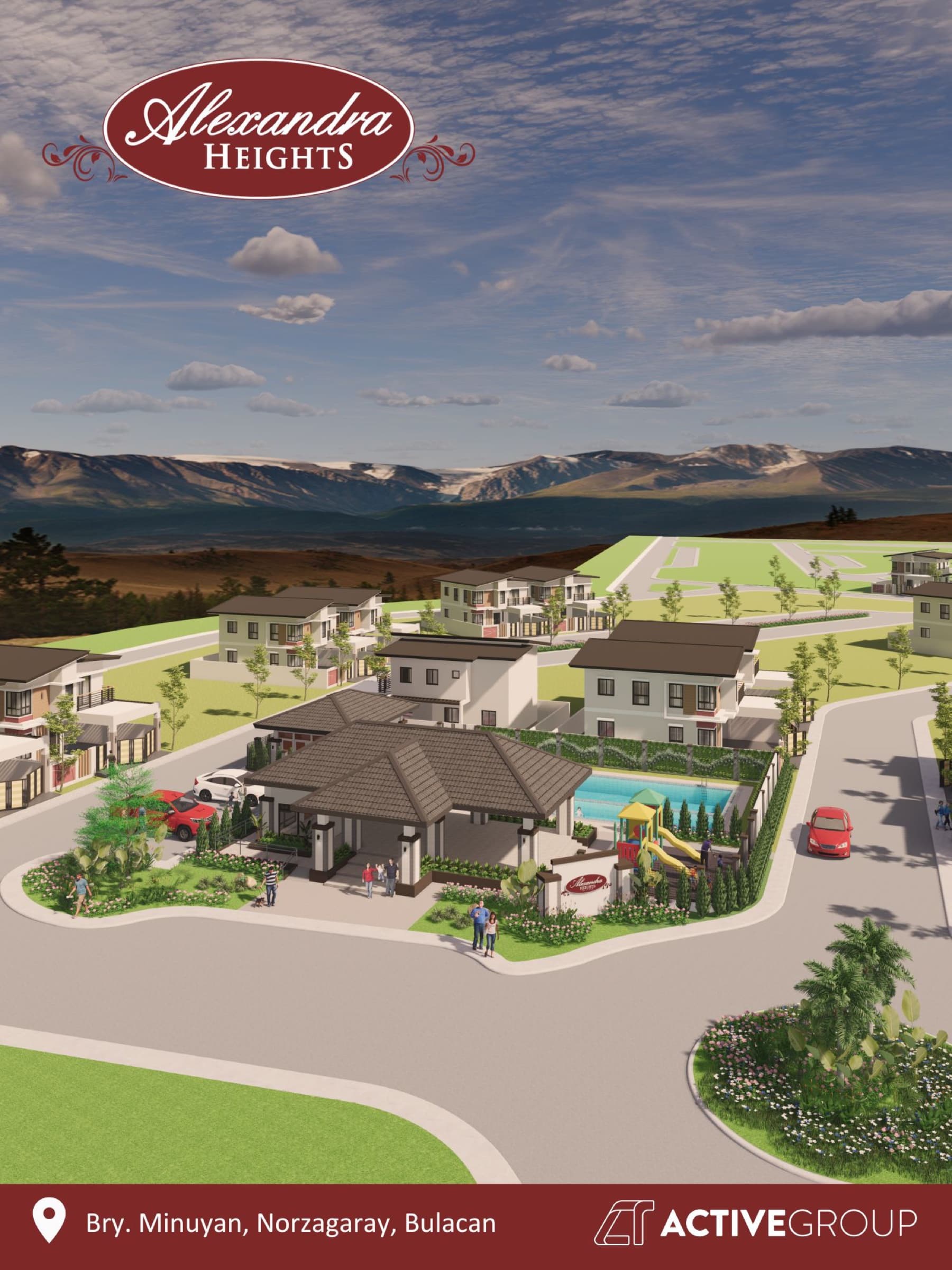 Alexandra Heights clubhouse, pool and homes from above (architect's perspective)