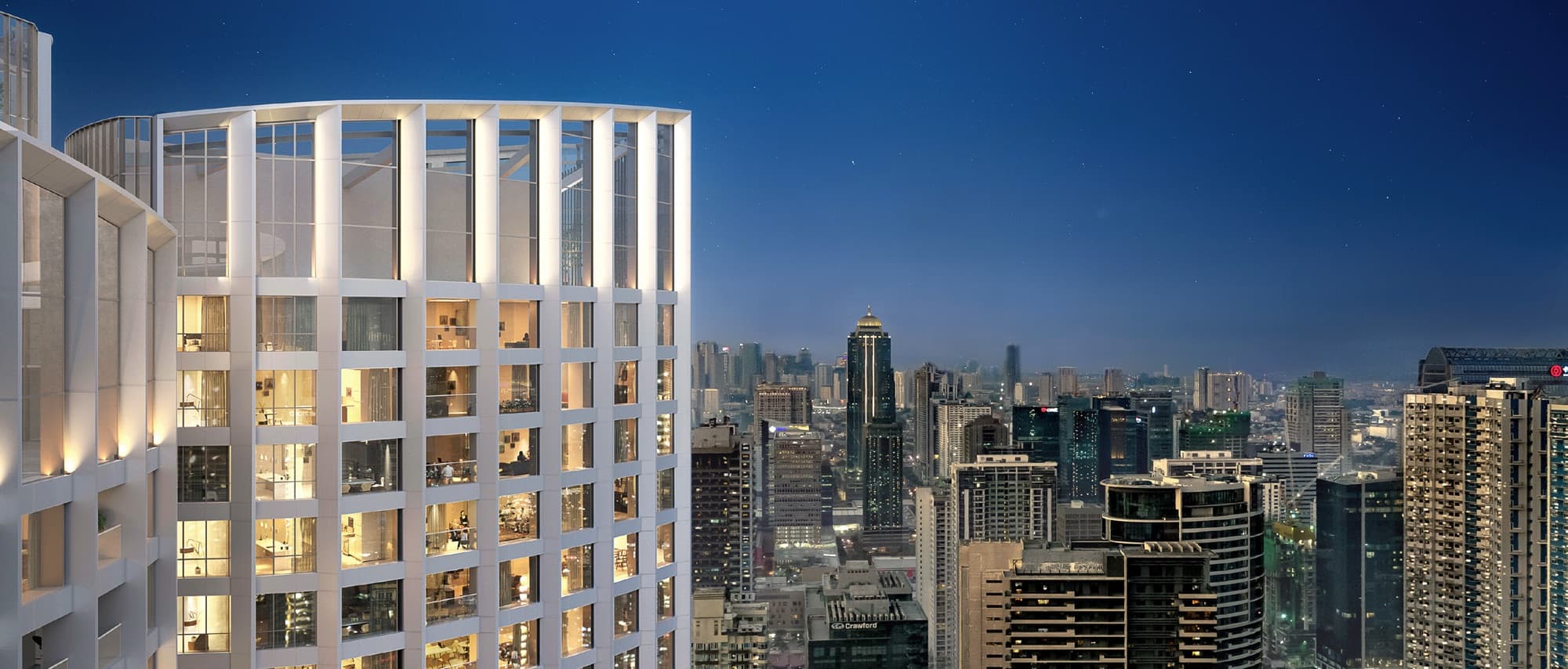 Aurelia Residences at dusk with the BGC skyline, artist's rendering