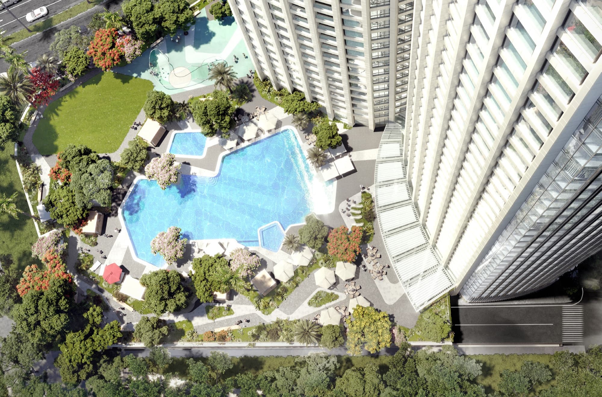 Aurelia Residences pool deck from above, artist's rendering