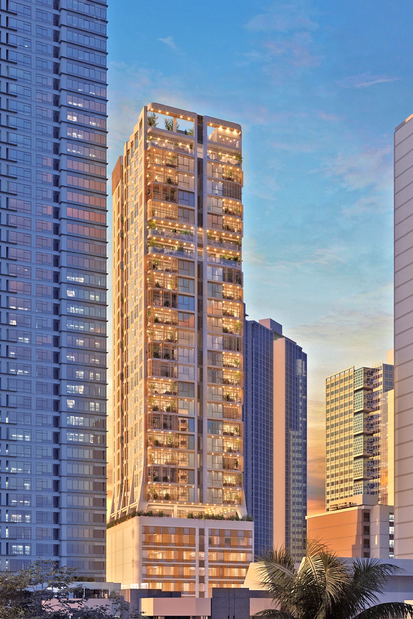 Eluria tower on Rada Street, Legazpi Village, at dusk (artist's rendering)
