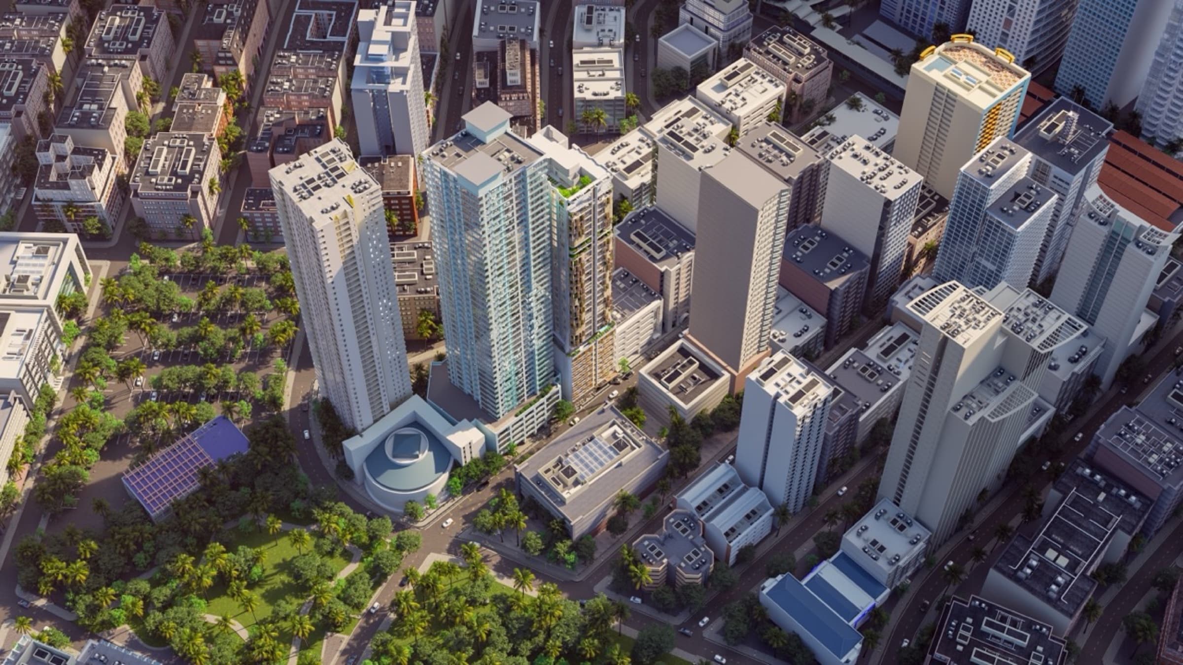Aerial view of Legazpi Village, Makati, with the Eluria tower among its neighbours (artist's rendering)
