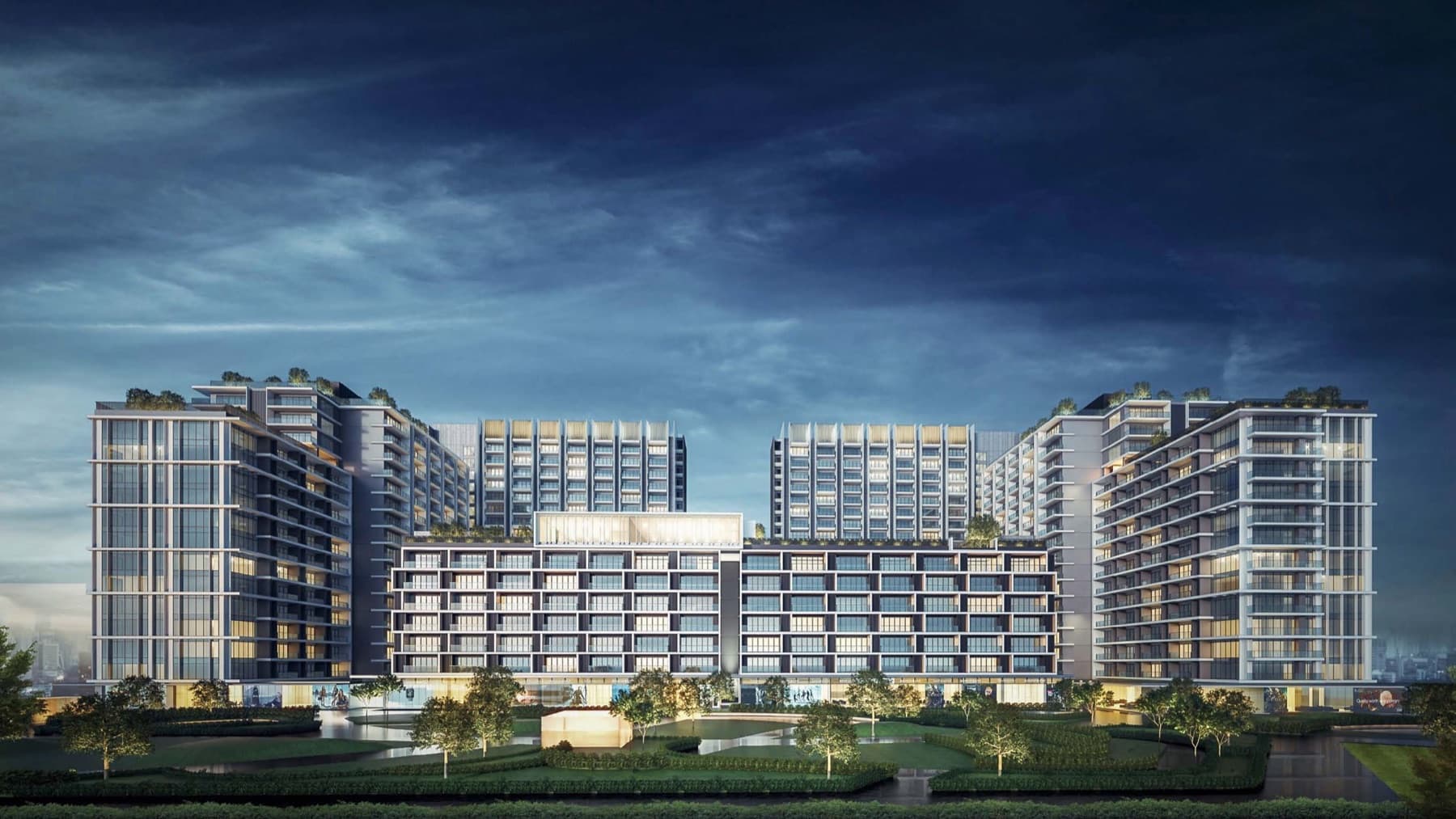 Gardencourt Residences towers at dusk, artist's rendering
