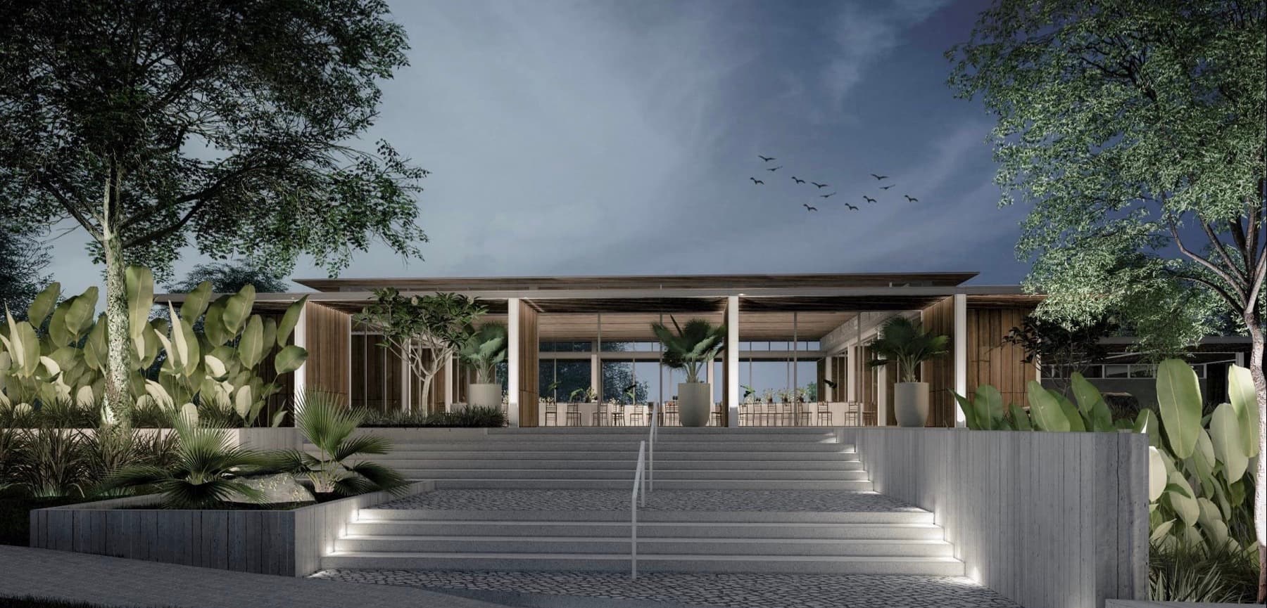 Lanewood Hills, social hall main entry at dusk, artist's rendering