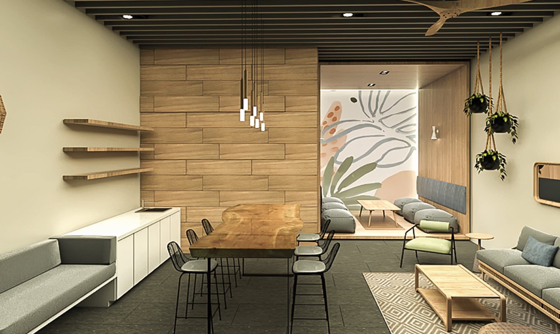 Mergent Residences, living and dining area, artist's rendering