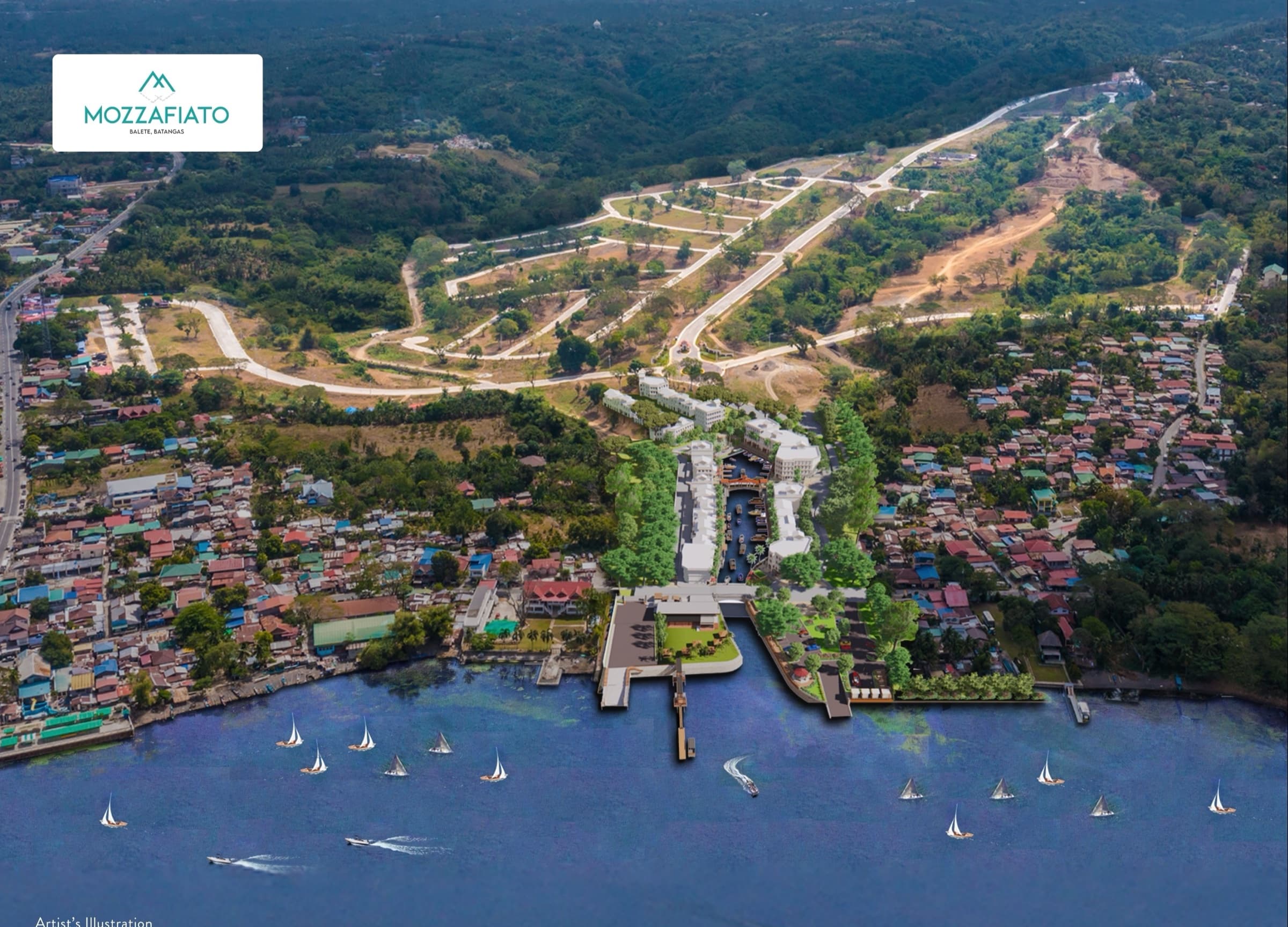 Artist's rendering of Mozzafiato from above Taal Lake, with the marina and residential hillside behind the shore