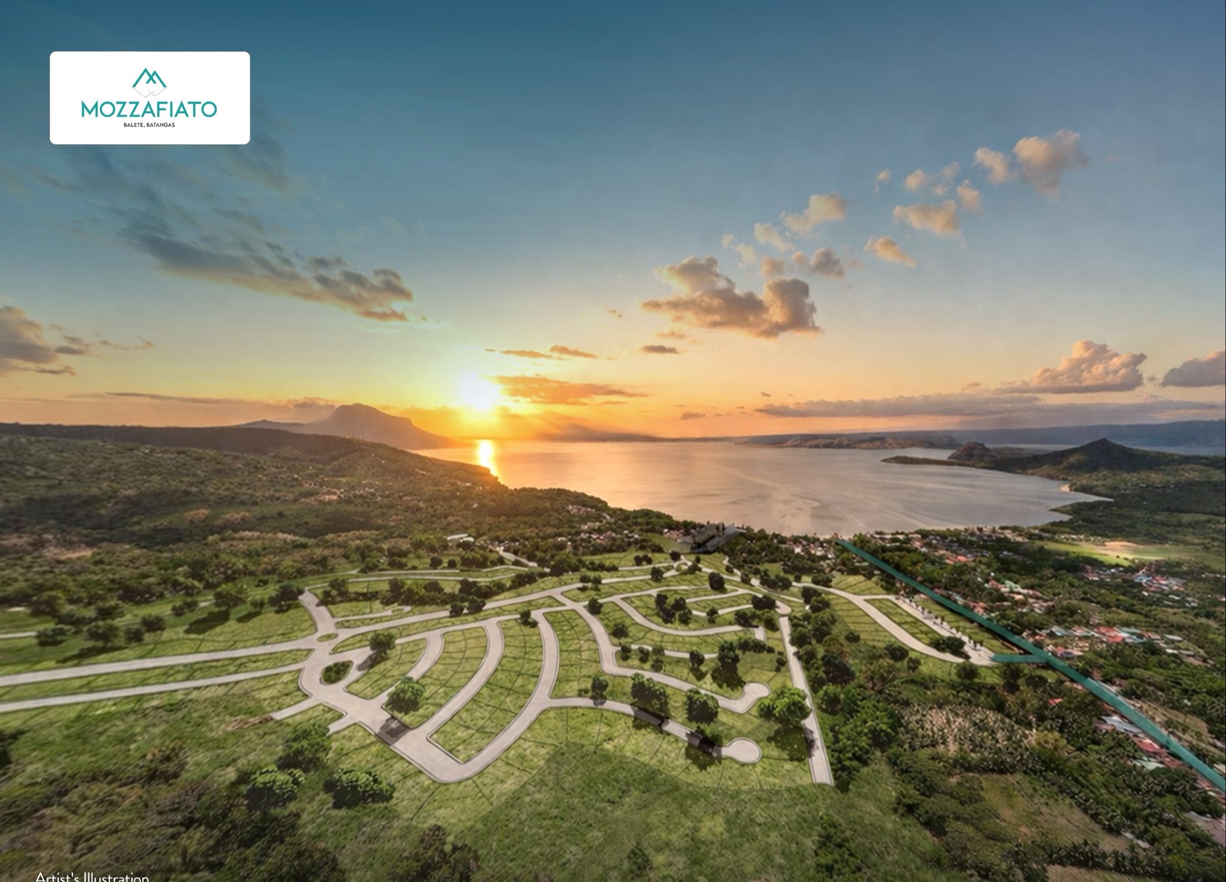 Artist's rendering of the Mozzafiato lot layout at sunset, looking out over Taal Lake
