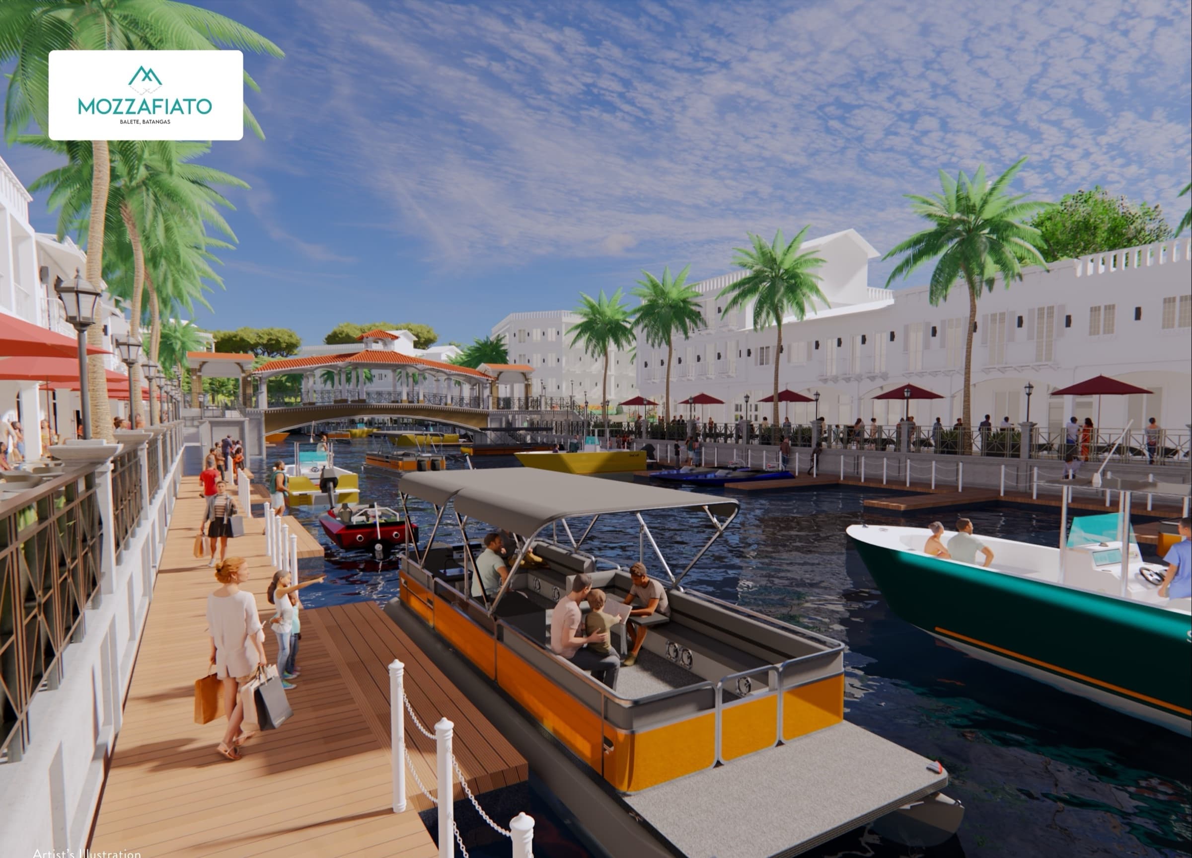 Artist's rendering of the Marina boardwalk with boats, shops and cafés
