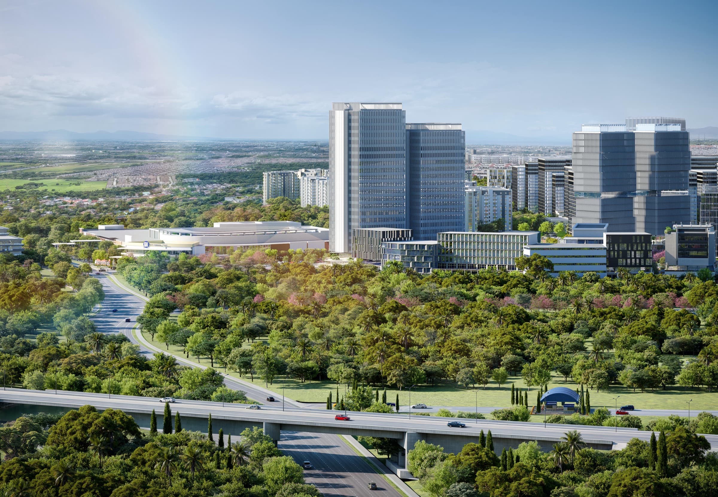 Riverpark North Commercial District skyline beyond the park and CALAX, artist's rendering