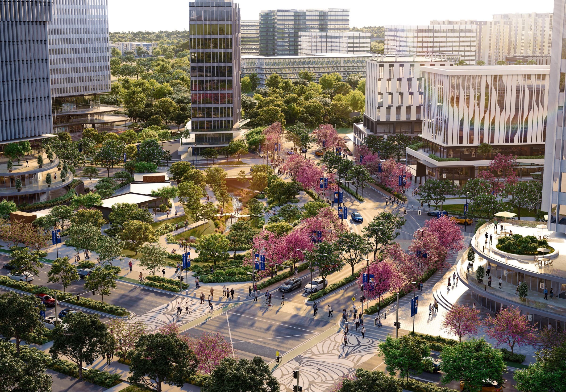 Riverpark North Commercial District, mid-rise buildings around a tree-lined plaza, artist's rendering