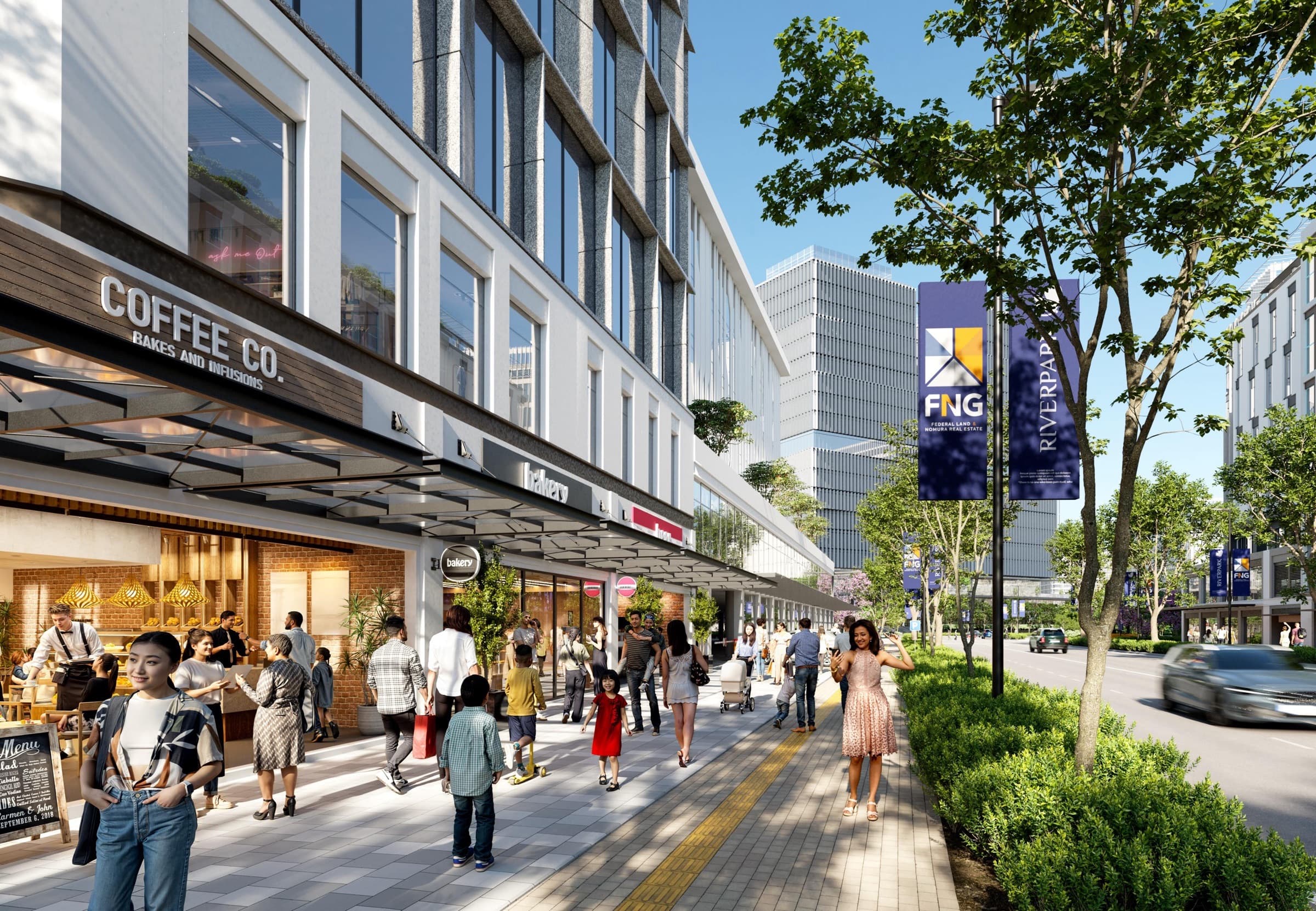 Riverpark North Commercial District, ground-floor shops and cafes under a canopied walkway, artist's rendering