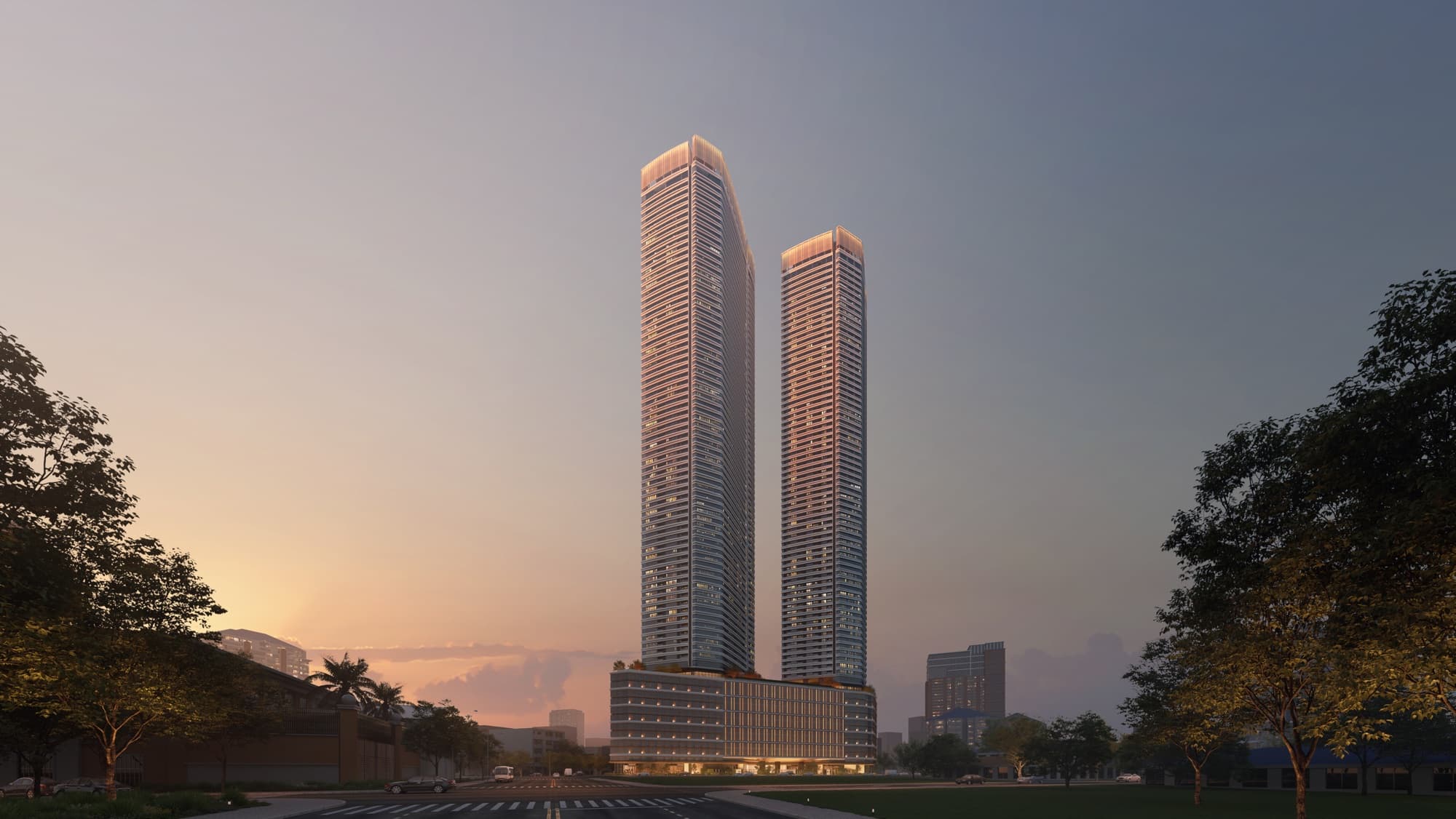Shang Summit towers at dusk, artist's rendering