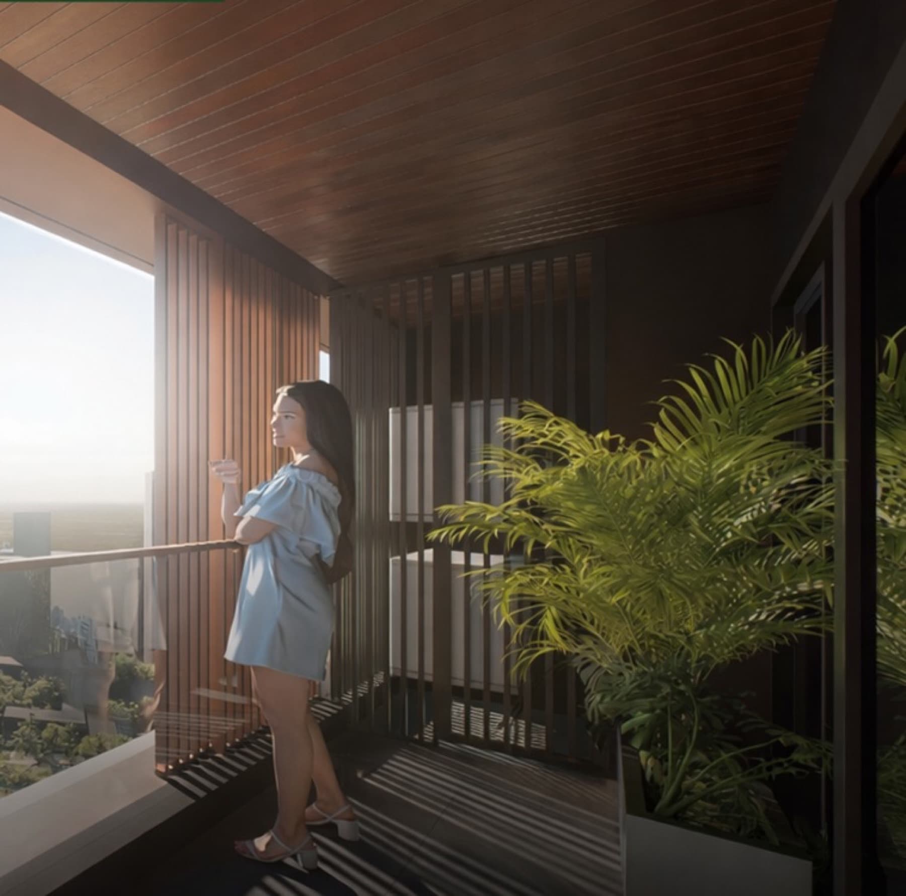 Sondris, residence balcony with a city view, artist's rendering