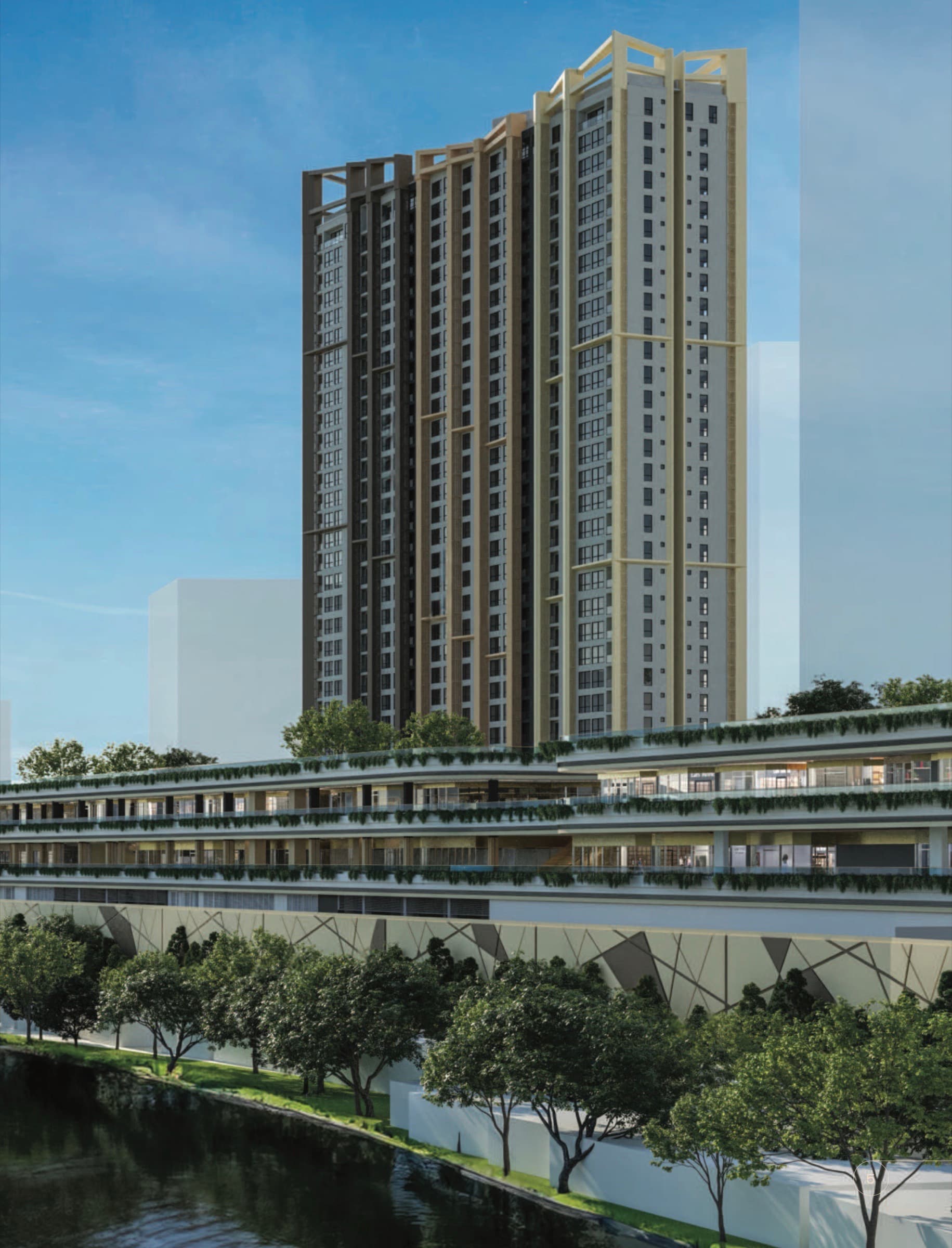 The Observatory Sora Tower above the riverside retail terraces, artist's rendering