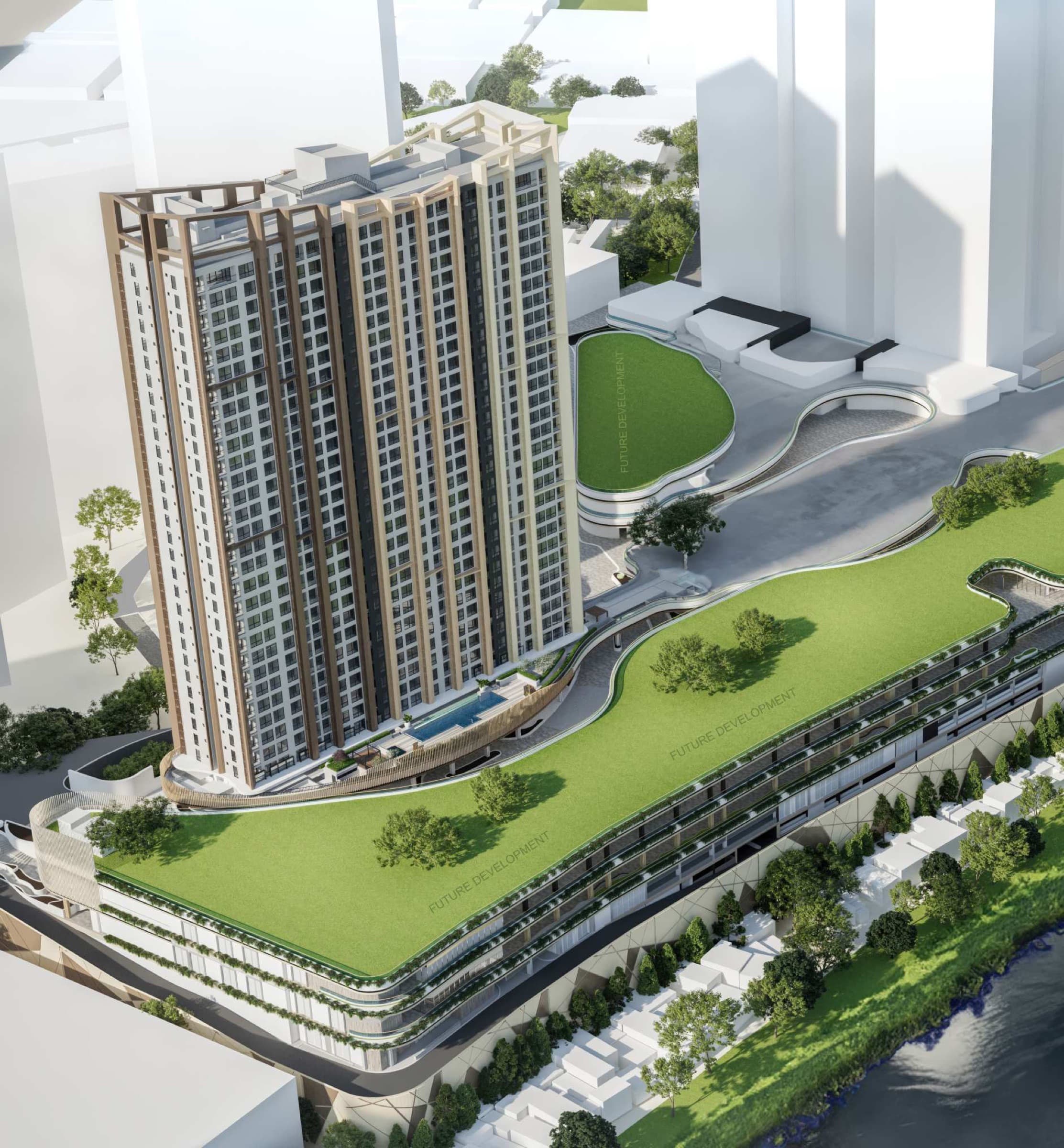 The Observatory Sora Tower and landscaped podium roof from above, artist's rendering
