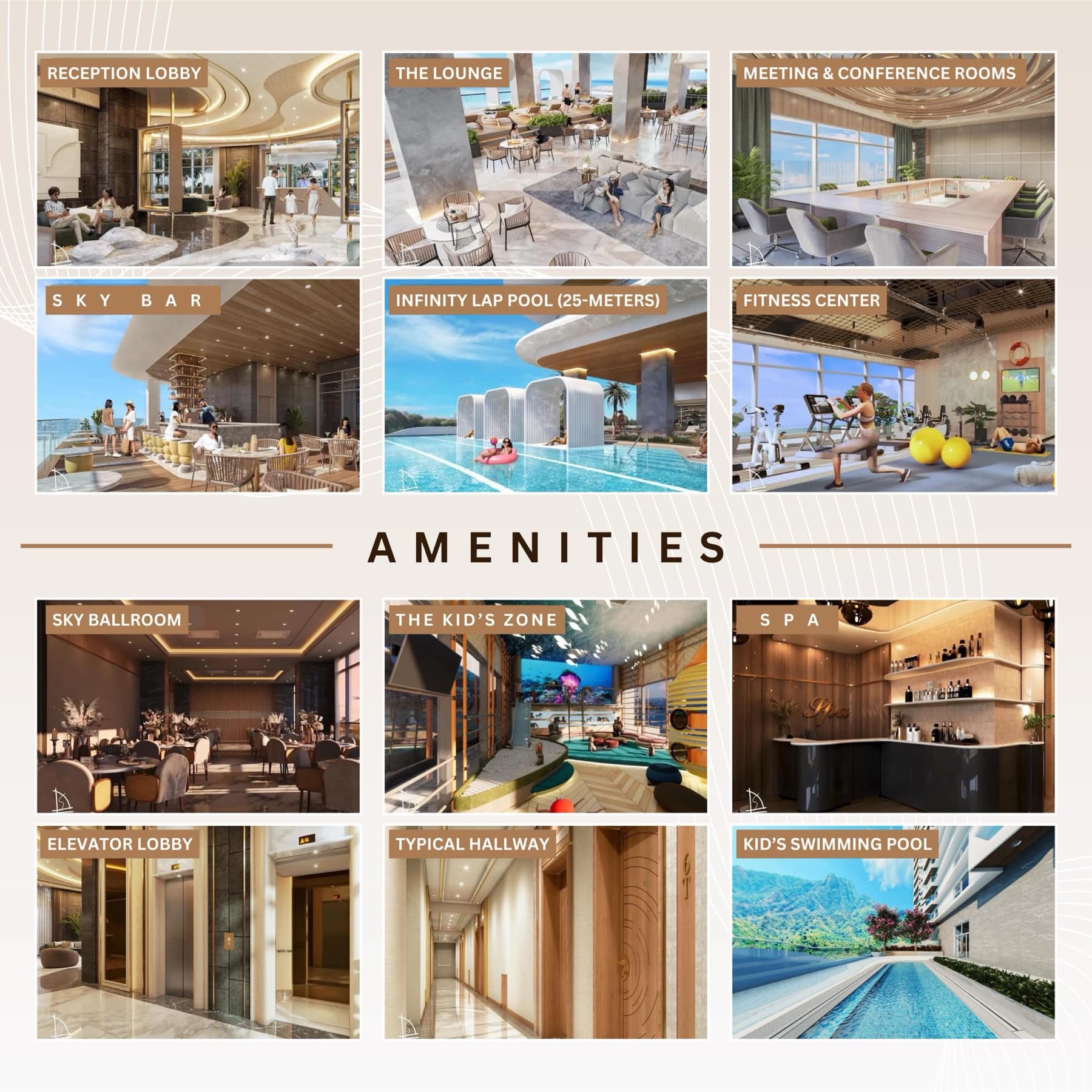 The Spinnaker amenities, artist's perspectives: lobby, lounge, sky bar, infinity lap pool, fitness centre, spa, kids' zone and pools