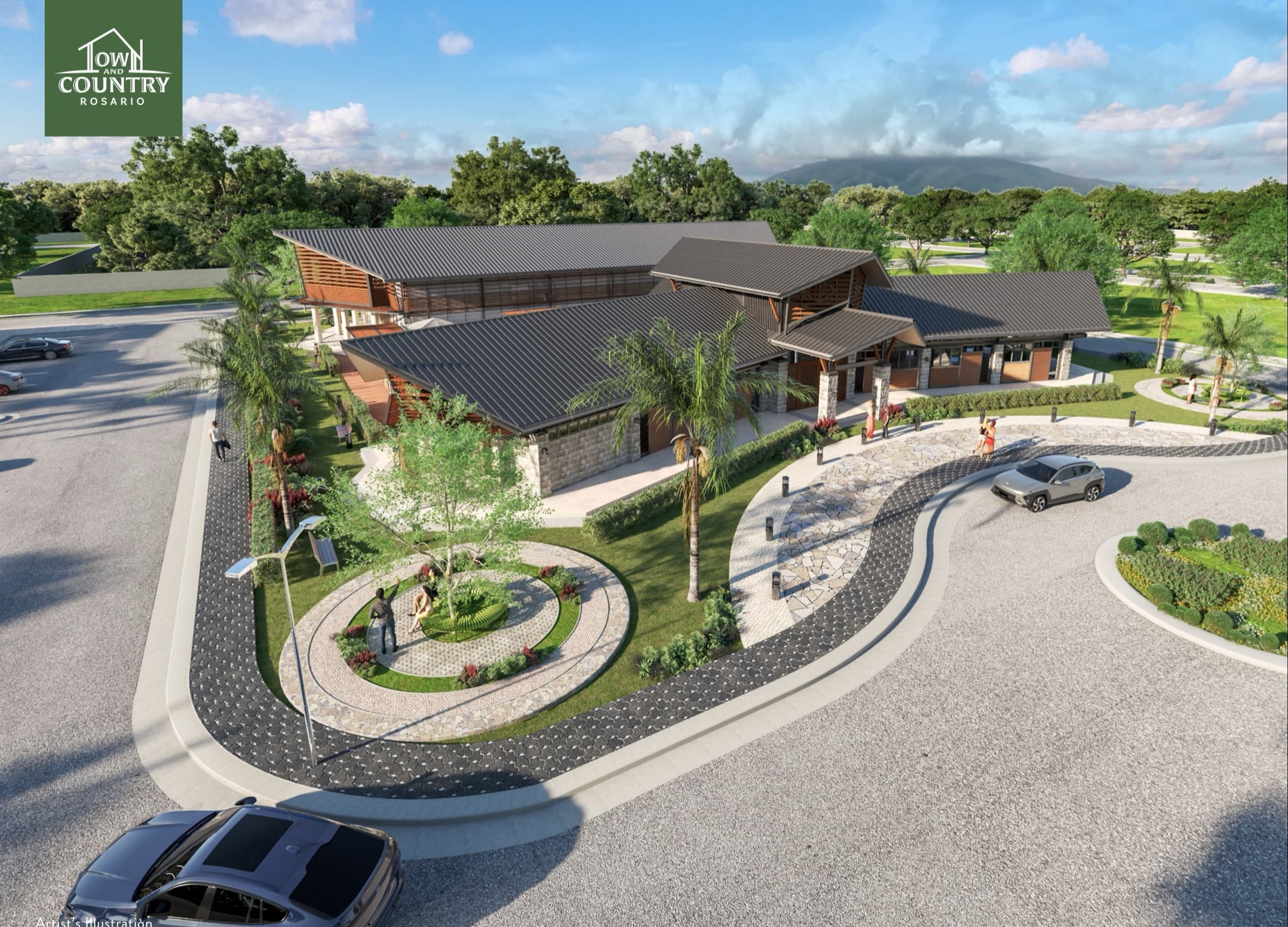 Artist's rendering of the clubhouse seen from above, with a landscaped roundabout and parking