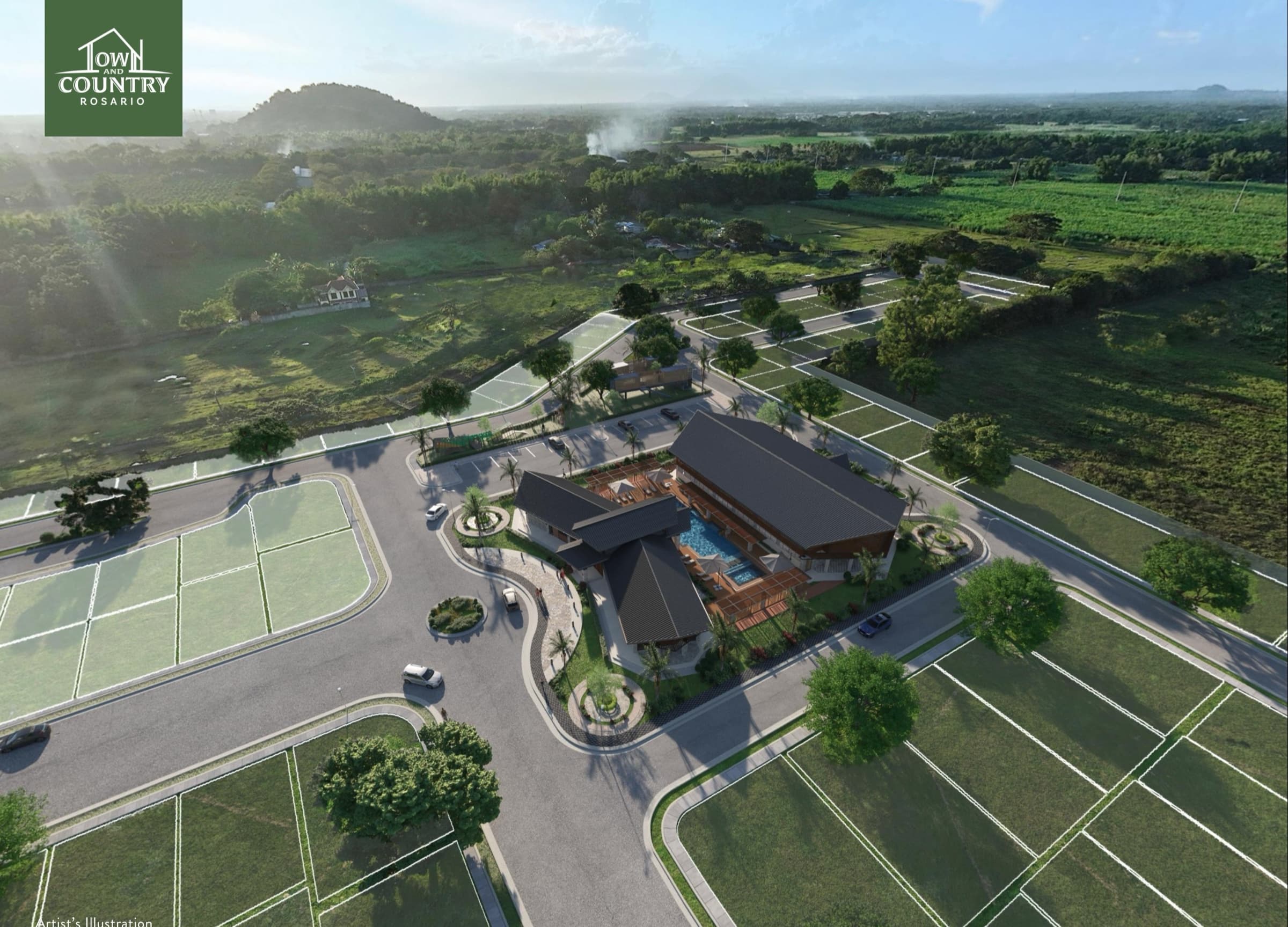 Artist's rendering of the clubhouse and pool among the residential streets and lots