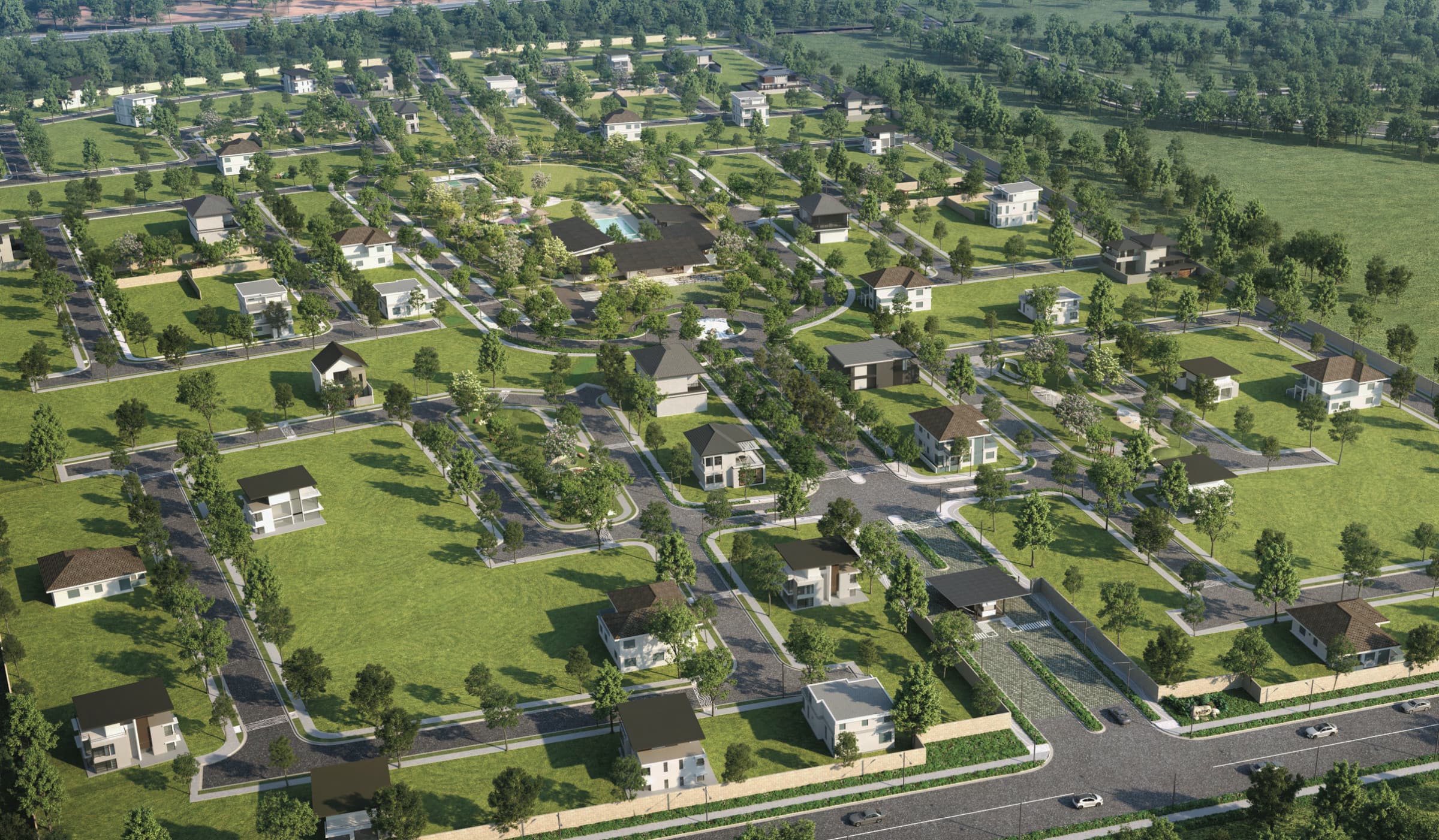 Yume at Riverpark, aerial view of homes and tree-lined streets, artist's rendering