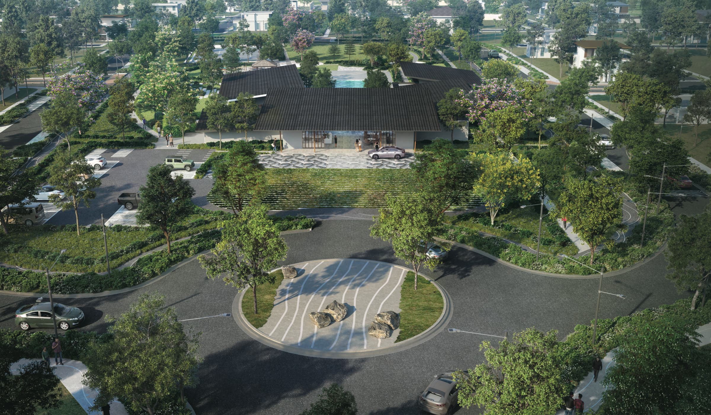 Yume at Riverpark clubhouse and drop-off roundabout from above, artist's rendering