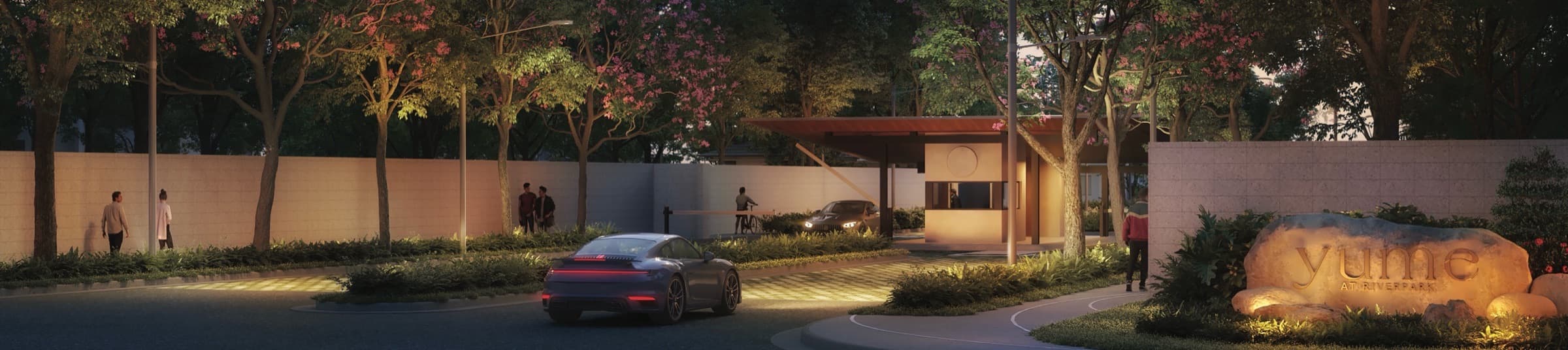 Yume at Riverpark main gate and guardhouse at dusk, artist's rendering