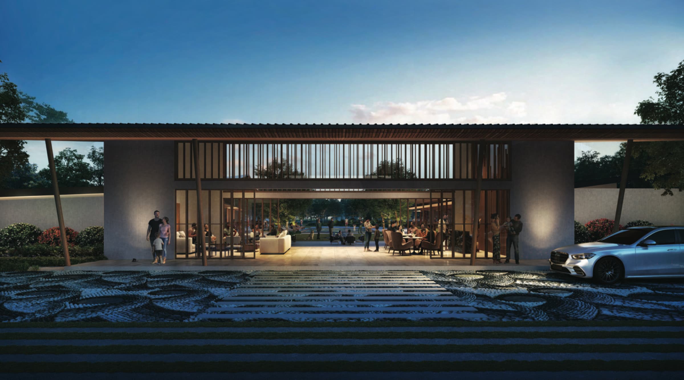 Yume at Riverpark clubhouse entrance in Japanese-inspired timber design, artist's rendering